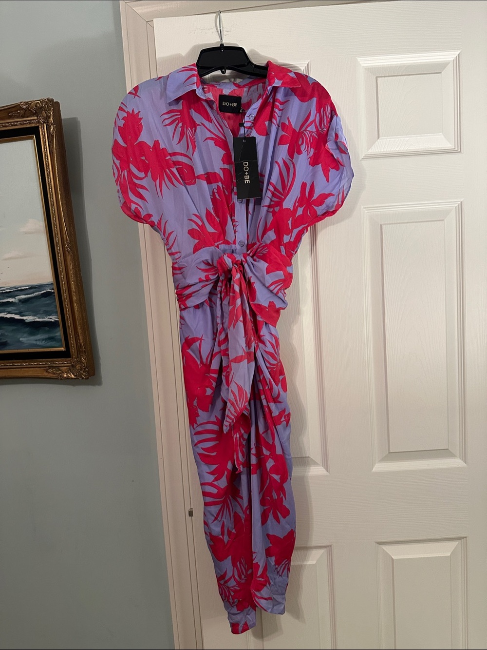 DO+BE Lavender and Hot Pink Floral Midi Dress with Front Tie